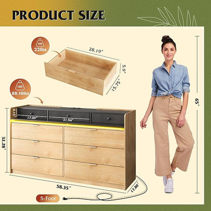 WLIVE 9 Drawer Led Dresser for Bedroom, 58" Wide Wood Dresser Storage Organizer with Charging Station for 65" TV, Dressers with Open Shelves, Chest of Drawers for Closet, Living Room, Light Oak