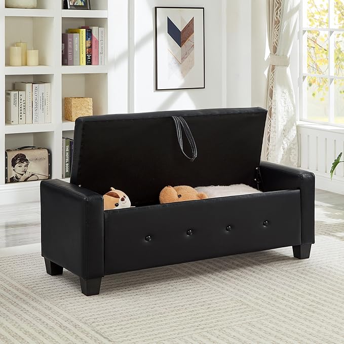 Furniliving Storage Bench, 48‘’ Upholstered PU Leather Ottoman Bench with Button-Tufted, Folding Bedroom Bench with Wood Legs, Entryway Bench for Bedroom, Black