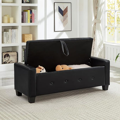 Furniliving Storage Bench, 48‘’ Upholstered PU Leather Ottoman Bench with Button-Tufted, Folding Bedroom Bench with Wood Legs, Entryway Bench for Bedroom, Black