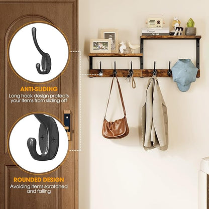 Homeiju 28.7" Coat Rack Wall Mount with Shelf, Key Hooks for Wall with Shelf, Coat Hooks Wall Mounted with 6 Heavy Duty Double Hooks for Bedroom,Living Room, Rustic Brown
