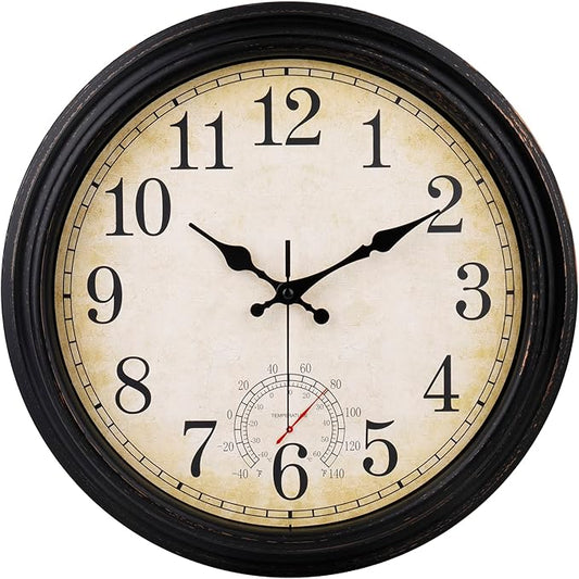 Wall Clock Vintage Style Inodor Outdoor Clock 16 Inch Large Wall Clocks Waterproof with Thermometer for Living Room Patio Pool Garden (Bronze)