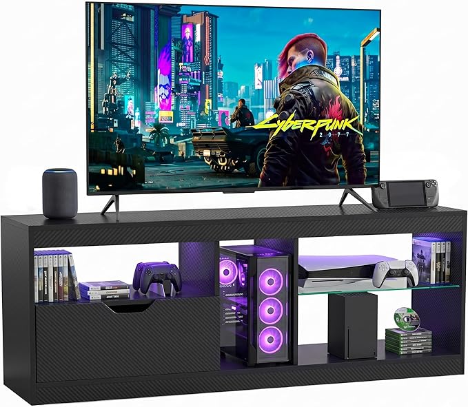 JUMMICO TV Stand, Entertainment Center LED Gaming TV Stand for 65+ Inch TV Carbon Fiber Top, Dynamic RGB Modes TV Cabinet Console with Adjustable Glass Shelves Storage Drawers (Black)