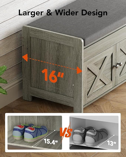 Pipishell 2-Tier Shoe Storage Bench with Cushioned Seat, Entryway Bench with Adjustable Shelf & Barn Doors, 300 lbs Capacity, 43.4" W x 16" D x 18" H, for Entryway, Bedroom, Living Room, Gray