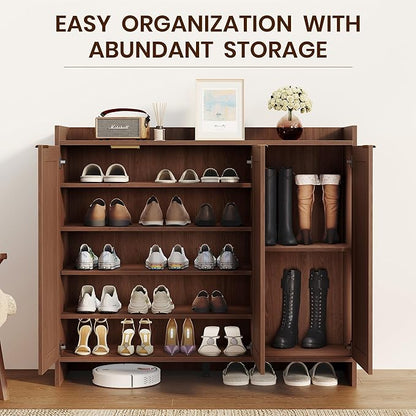 Shoe Cabinet, 41" Tall Rattan Shoe Storage Organizer Cabinet, Adjustable Shelves, 6-Tier Farmhouse Boho Wooden Storage Cabinet for Entryway Hallway Closet Bedroom,Walnut