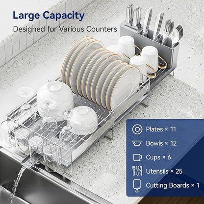 Stainless Steel Dish Drying Rack - Expandable Dish Racks for Kitchen Counter Organizer with Drain Board, Detachable Utensil & Cup Holder, Dish Drainer for Small Kitchen Counter, Grey