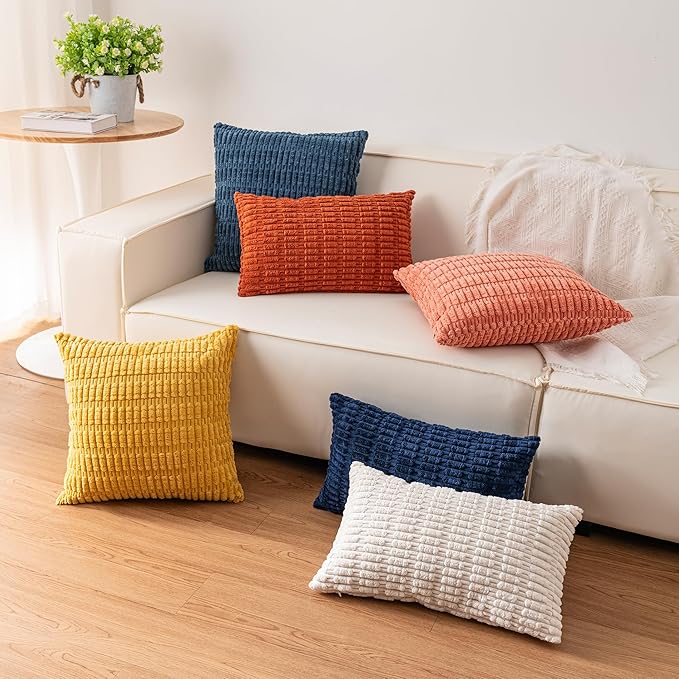 Aegero Pack of 2 Corduroy Decorative Throw Pillow Covers 18x18 Inch Soft Striped Pillow Covers Modern Farmhouse Home Decor for Sofa Living Room Couch Bed（Peach Pink）