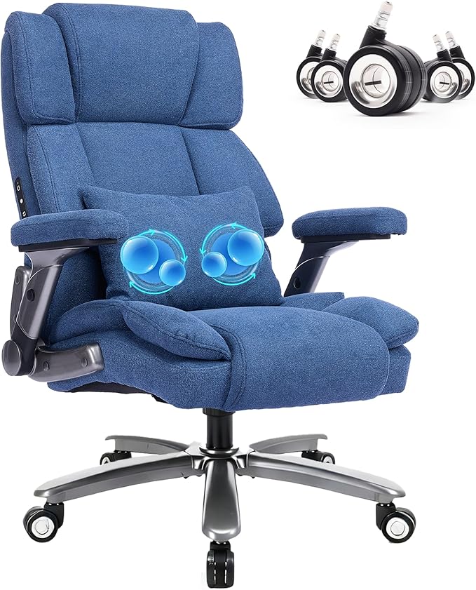 750lbs Heavy Duty Desk Chair with 3D Kneading Massage, Big and Tall Office Chairs with Ergonomic Support, 4D Armrests, 5 Quiet Dual Rubber Wheel, Thick Pocket Spring Cushion(Blue, Fabric)