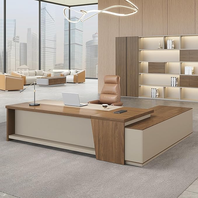 79" L Shaped Executive Desk with Lockable Drawers & Cabinet, Large Modern Executive Office Desk with Cable Management Box, Privacy Panel for Home Office (Champagne Wood Grain + Beige, Left)