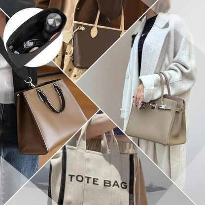 Purse Organizer Insert, Satin Tote Bag Organizer with 8 Sizes, Handbag Dividers for Inside Purse, Compatible with Longchamp, Neverful, 25C Hobo and More Bags（Slender Medium,Black）