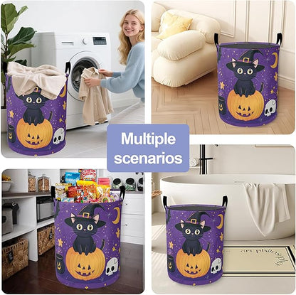 Laundry Basket,Halloween Cat Large Canvas Fabric Lightweight Storage Hamper Organizer Dirty Clothes Collapsible Waterproof for College Dorms,Bathroom