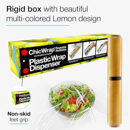 Chicwrap Lemon Refillable Plastic Wrap Dispenser - Includes One 12" x 250' Roll of Professional Grade Plastic Wrap - BPA Free and Kosher Certified - Reusable Dispenser w/Slide Cutter