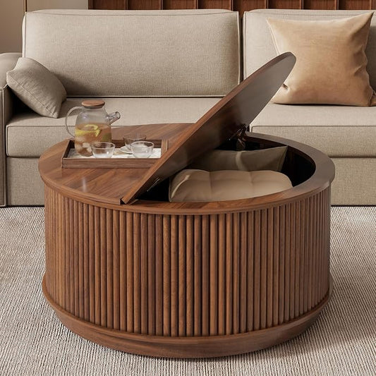 LYNCOHOME 31.5'' Fluted Flip Top Round Coffee Table with Storage, Circle Coffee Table, Modern Coffee Table for Living Room, Center Table for Living Room, Home Office, Dark Brown, Walnut