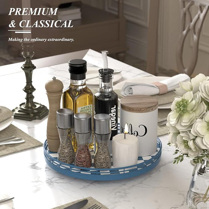 Premium Rubber Wood Lazy Susan Turntable, Blue White Checkerboard Decorative Serving Tray, Hand-Welded Metal Railing, Stable Rotating Organizer for Dining Table, Kitchen Counter, Coffee Table Decor