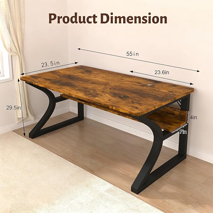 Computer Desk 47/55 Inch Home Office Desk with Storage Shelf & Cable Management, Wide Work Desk with Metal Legs for Home Office Study Bedroom (Brown-55inch)