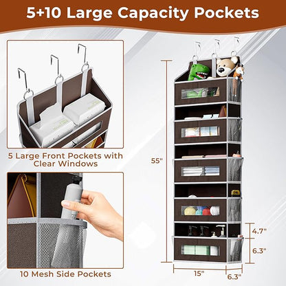 2 Packs 5-Tier Over the Door Storage Organizer with 10 Side Mesh Pockets, 48 lbs Load Capacity, 3 Hooks Design, Hanging Organizer with Clear Windows for Bathroom, Bedroom, Nursery, Kitchen-Brown