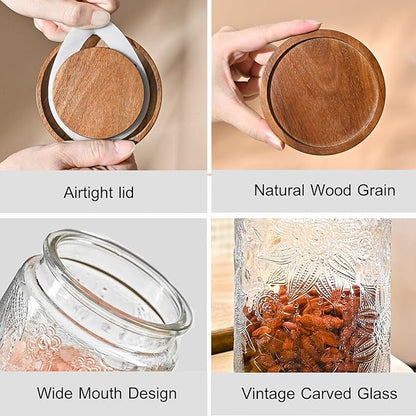 Adodeen 32oz Vintage Glass Jars With Lids, Airtight Food Storage Containers, Kitchen Canisters For Sugar, Coffee, Tea, Spice, Flour, Candy Cookie, Pasta, Cereal, Cute Decorative Jars