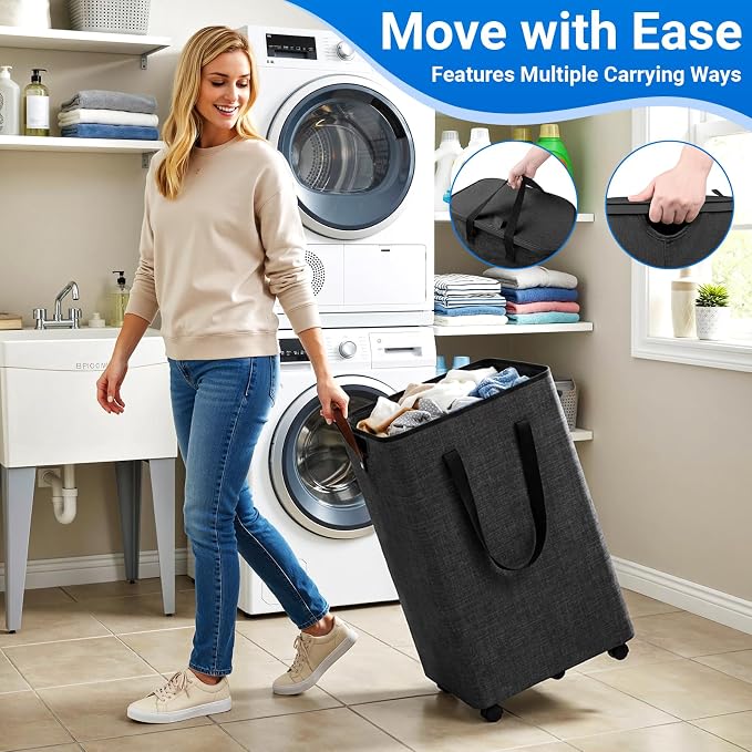 Laundry Basket with 5 Wheels, Tall Dirty Laundry Hamper, Rolling Laundry Basket with Lid, Collapsible Clothes Hamper for Bathroom Bedroom Dorm Laundry Room, Deep Gray, 75L