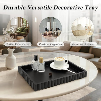 YMXYJM-Scalloped Coffee Table Tray，Ottoman Tray for Modern Home Decor. 14" Decorative Tray for Entryway Table Decor, Living Room Table Decor, Coffee Table Centerpiece - Black Resin