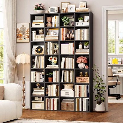 FOTOSOK 71'' Tall Bookshelf with 14 Cubes, 7 Tier Double Wide Black Bookshelf with 6 Adjustable Shelves, 19.6" Narrow Bookcase DVD/CD Media Storage, Space Saving Display Shelf Cabinet, Black