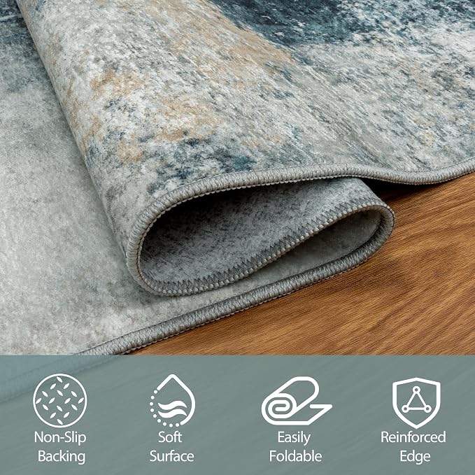5x8 Area Rugs for Living Room Rug Washable: Abstract Rug for Dining Room Bedroom Carpet Non Slip 5 by 8 Indoor Modern Nursery Home Office Teal Grey Gold