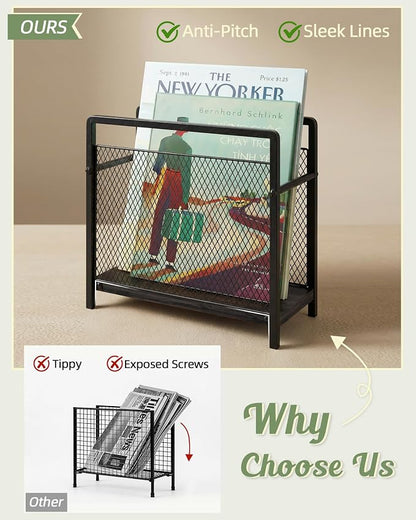 Magazine Holder, Magazine Rack Floor, Metal Mesh with Wood Base Magazine Storage Basket, Folder Organizer Bin for Books, Newspapers, Mails, Files, Black