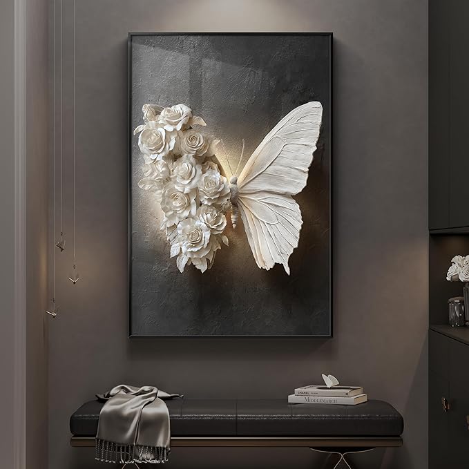 Framed Black and White Butterfly Wall Art, Modern Elegant Prints Paintings Artwork for Walls, Romantic Butterfly and Floral Pictures for Living Room Dining Room Bedroom Lounge Wall Decor 24x36 In