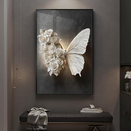 Framed Black and White Butterfly Wall Art, Modern Elegant Prints Paintings Artwork for Walls, Romantic Butterfly and Floral Pictures for Living Room Dining Room Bedroom Lounge Wall Decor 24x36 In