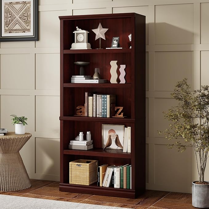 Bookshelf, Open Storage 70 Inch Tall 5 Shelf Bookcase, Floor Standing Bookshelves and Bookcases, Book case for Farmhouse Library Office Bedroom Kids, Mahogany - 5 Tier