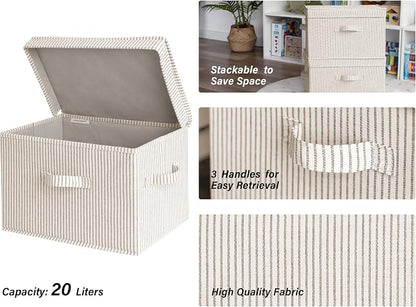 StorageWorks Fabric Storage Bins with Lid, Decorative Storage Boxes for Shelves, Stackable Closet Organizer Basket with Handles, Large, Khaki and Beige Stripes, 2-Pack