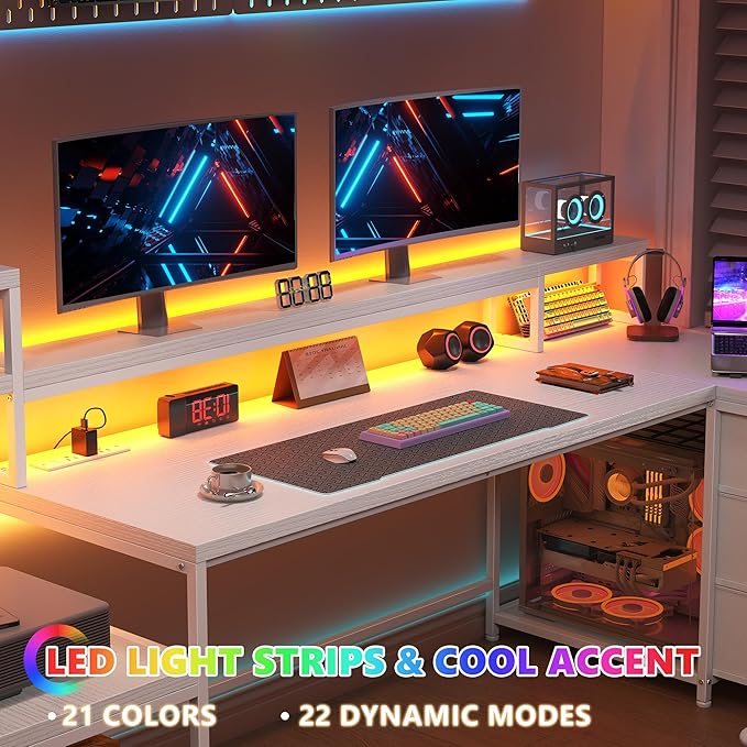 EnHomee 71" L Shaped Gaming Desk with LED Lights,White Computer Desk with Drawers and Printer Shelf,Power Outlet,Reversible Home Office Desks with Storage and Monitor Stand