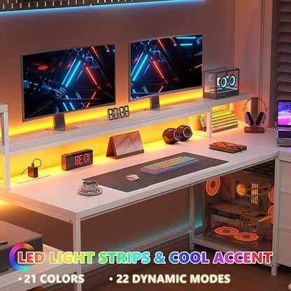 EnHomee 71" L Shaped Gaming Desk with LED Lights,White Computer Desk with Drawers and Printer Shelf,Power Outlet,Reversible Home Office Desks with Storage and Monitor Stand
