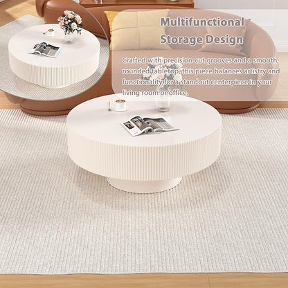 Round Drum Coffee Table Modern Unique Round Fluted Coffee Tables Farmhouse Fluted Circle Center Table Accent Tea Table with Sturdy Pedestal for Living Room Reception Room (White 31 inch)