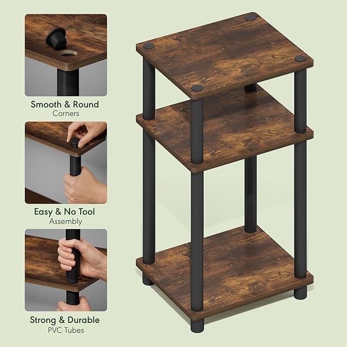 Furinno JUST Side Table Set of 2, 3-Tier Modern End Tables, Open Shelves Night Stand, Nightstand Set, Toolless Assembly, for Living Room, Bedroom, Amber Pine