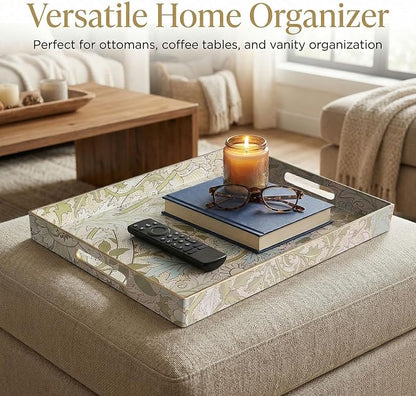 William Morris-Style Serving Tray with Handles - 15.7" x 11.8" Floral Pattern Decorative Platter for Coffee Table, Ottoman & Breakfast in Bed - Sturdy Plastic Rectangular Tray