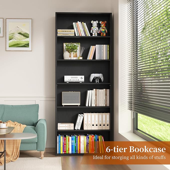 Vongrasig 6-Tier Open Bookcase and Bookshelf, Floor Standing Wood Display Storage Shelves 71 Inch Tall Bookcase Home Decor Furniture for Home Office, Living Room, Bed Room, Black, 2 Pieces