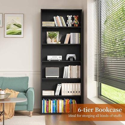 Vongrasig 6-Tier Open Bookcase and Bookshelf, Floor Standing Wood Display Storage Shelves 71 Inch Tall Bookcase Home Decor Furniture for Home Office, Living Room, Bed Room, Black, 2 Pieces