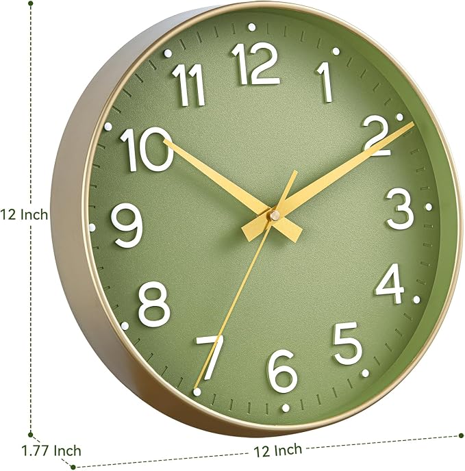 Roymnie Wall Clock 12 Inch Silent Green Wall Clocks Battery Operated- Modern Non Ticking Analog Clock Decorative for Living Room Bedroom Office Kitchen(Gold)