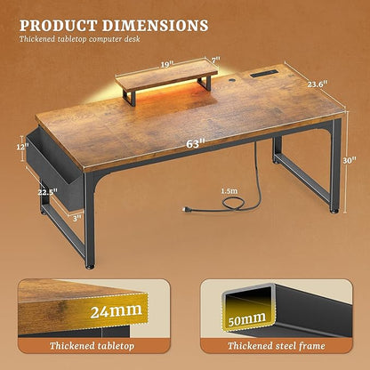 63 Inch Desk with Power Outlets, Computer Desk with 0.95 Inch Thicker Desktop & Storage Bag & Monitor Stand, Office Desk with Light, Writing Desk for Home Office,Study,Bedroom,Living, Brown