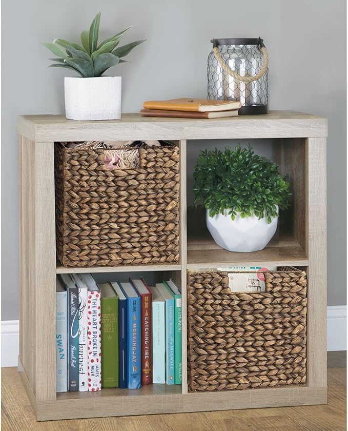 mDesign Natural Woven Hyacinth Cube Organizer Basket with Handles, Storage for Bathroom, Laundry Room Shelf or Nursery - Perfect for Cubby Storage Units - Hold Blankets and Books - 2 Pack, Brown Wash