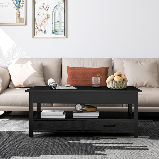 Panana Modern Coffee Table Lift Top Coffee Table with Drawers and Hidden Compartment, Tea Table with Wooden Lift Tabletop, for Living Room (Black)