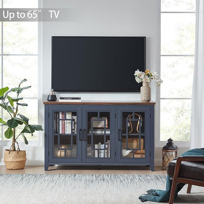Large Sideboard Buffet Cabinet with Storage, 55" Farmhouse Kitchen Coffee Wine Bar Cabinet with 3 Glass Doors, Wood Mid Century Modern Side Board Table for Dining Room, Living Room,Navy Blue