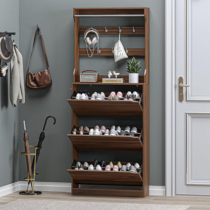 BORNOON Shoe Cabinet with 3 Flip Drawers & Coat Rack, Narrow Hidden Shoe Storage Cabinet, 2-in-1 Hall Tree Slim Freestanding Shoe Rack Organizer for Entryway, Hallway, and Living Room