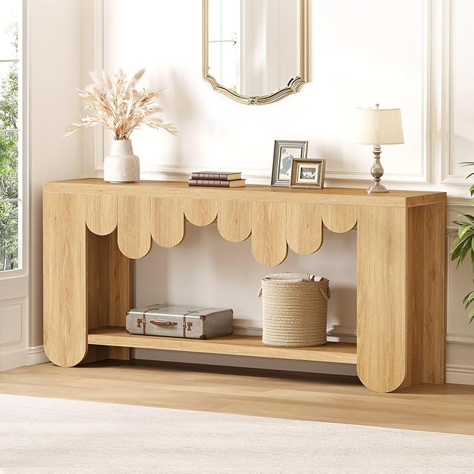 IBF 63” Long Console Table, Farmhouse Wood Entryway Table with Storage Shelf, 2-Tier Sofa Table Behind Couch for Home Living Room, Modern Rectangular Entry Table for Hallway Entrance Foyer, Oak