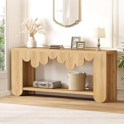 IBF 63” Long Console Table, Farmhouse Wood Entryway Table with Storage Shelf, 2-Tier Sofa Table Behind Couch for Home Living Room, Modern Rectangular Entry Table for Hallway Entrance Foyer, Oak