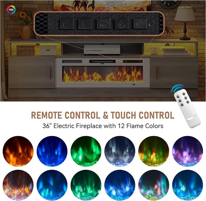MXV 70" Fireplace TV Stand with Power Outlet for TVs UP to 80", Electric Fireplace Entertainment Center with LED Lights & Storage Cabinets, TV Console for Living Room, Office, Grey-White