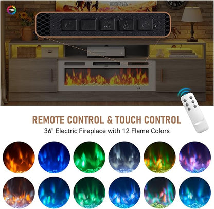 MXV 70" Fireplace TV Stand with Power Outlet for TVs UP to 80", Electric Fireplace Entertainment Center with LED Lights & Storage Cabinets, TV Console for Living Room, Office, Grey-White