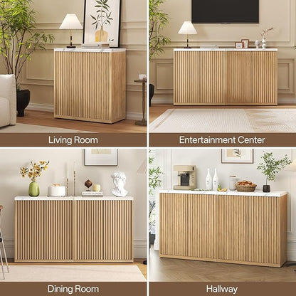 31” Sideboard Cabinet with Storage, Fluted Accent Cabinet with Adjustable Shelves, Modern Wood Credenza Cabinets with Pop-up Doors for Entryway Kitchen Living Room Hallway, Faux Marble Top