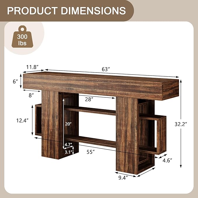 63 Inch Long Console Table for Entryway, Farmhouse Wooden Sofa Table Behind Couch with 3-Tier Storage Shelf, Narrow Entry Accent Table for Living Room, Hallway, Foyer, Vintage Brown