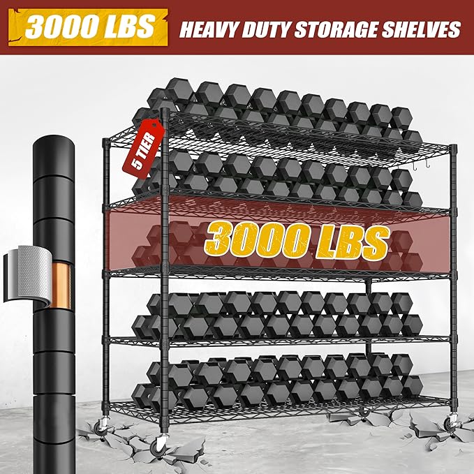 PrimeZone 5 Tier 80.7" Hx55.5 Wx24 D Wire Shelving with Wheels 3000lbs NSF Certified Storage Shelves Heavy Duty Metal Shelf Adjustable Rolling Rack Commercial Garage Restaurant Warehouse Kitchen 3Pcs