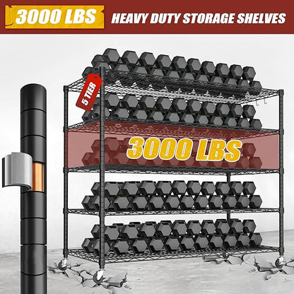PrimeZone 5 Tier 80.7" Hx55.5 Wx24 D Wire Shelving with Wheels 3000lbs NSF Certified Storage Shelves Heavy Duty Metal Shelf Adjustable Rolling Rack Commercial Garage Restaurant Warehouse Kitchen 3Pcs
